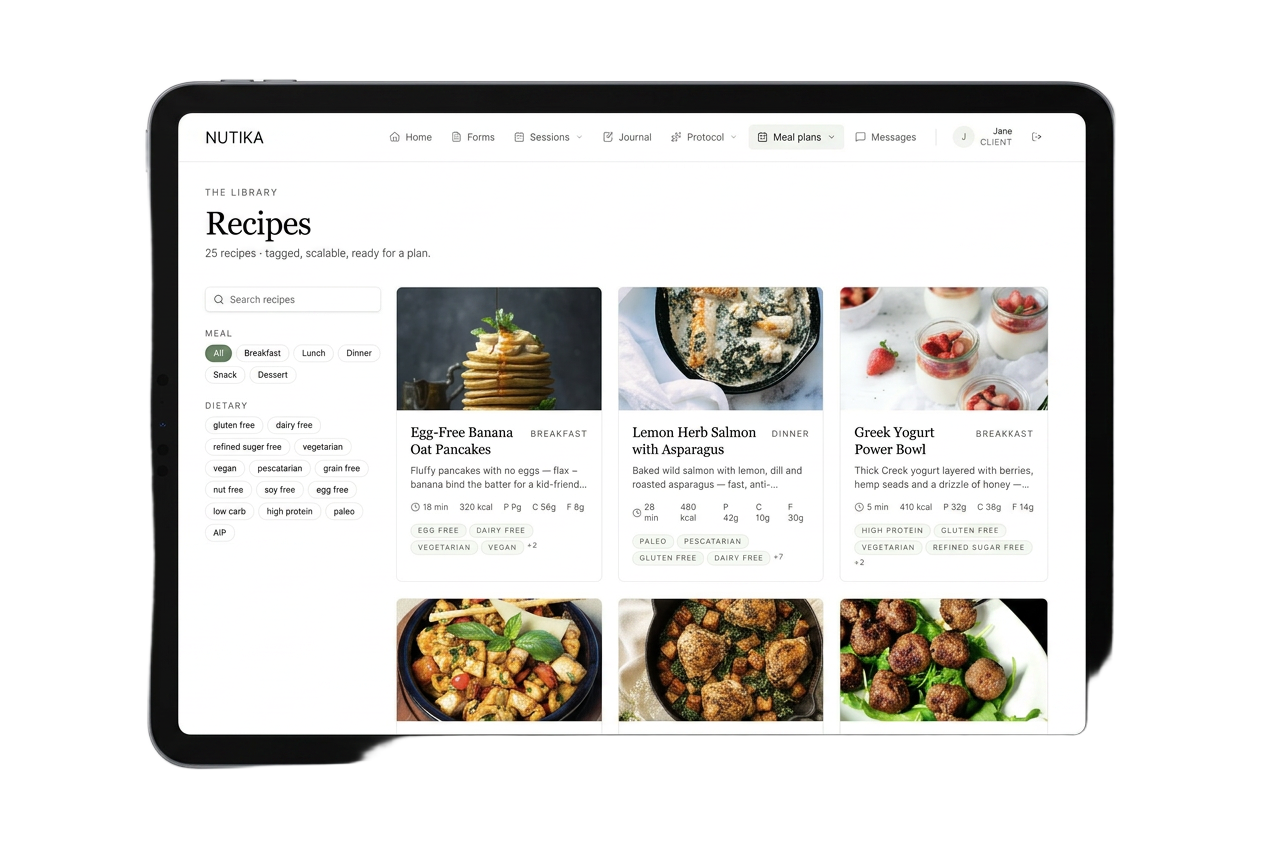 NUTIKA client portal showing the recipes library on a tablet